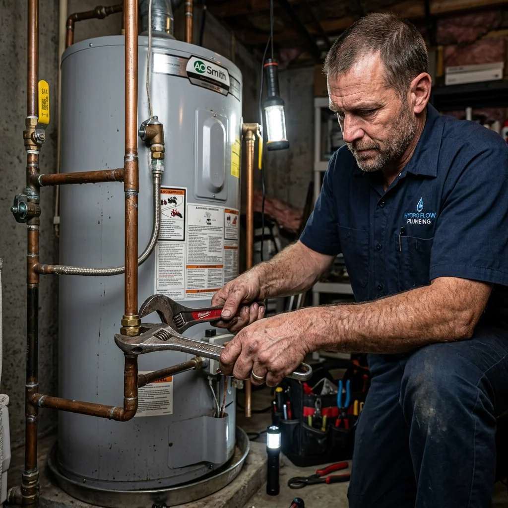 Technician with a tool case working in a bathroom